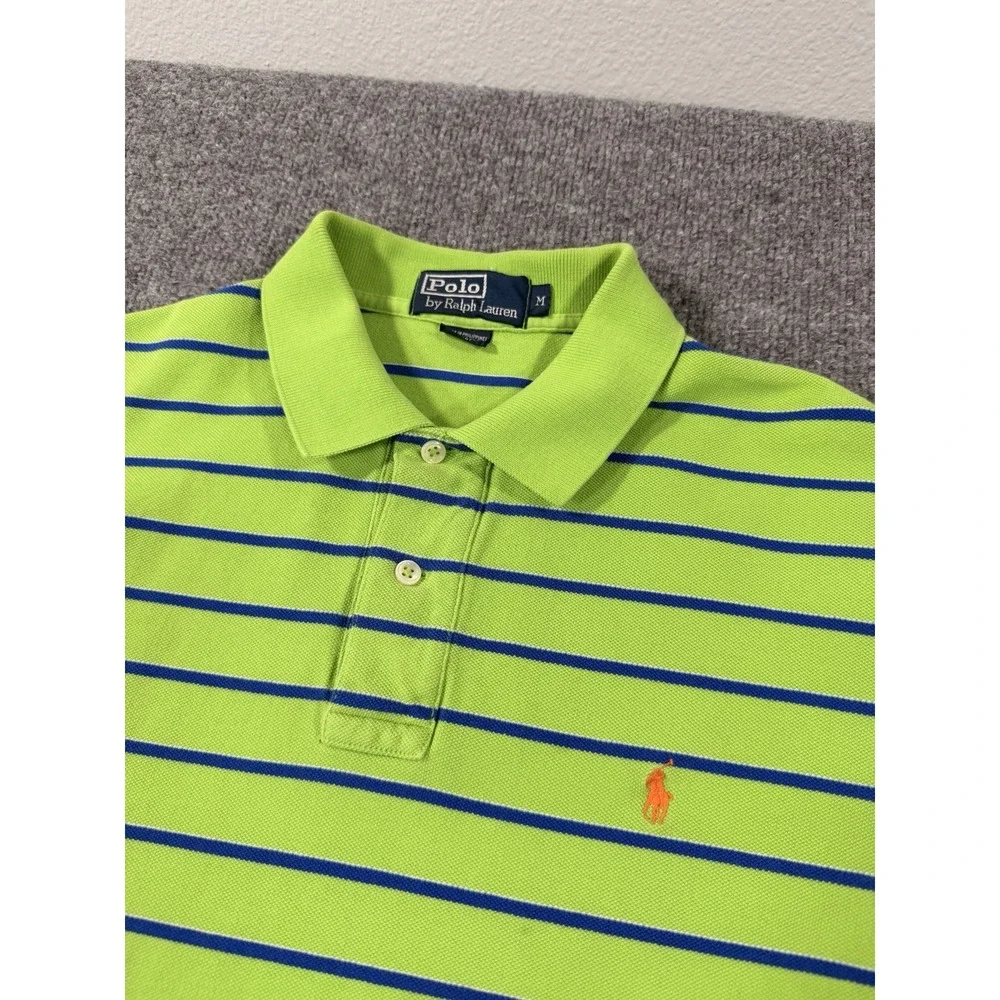 Polo Ralph Lauren Mens M Green Blue Striped Polo Shirt Orange Pony Cotton